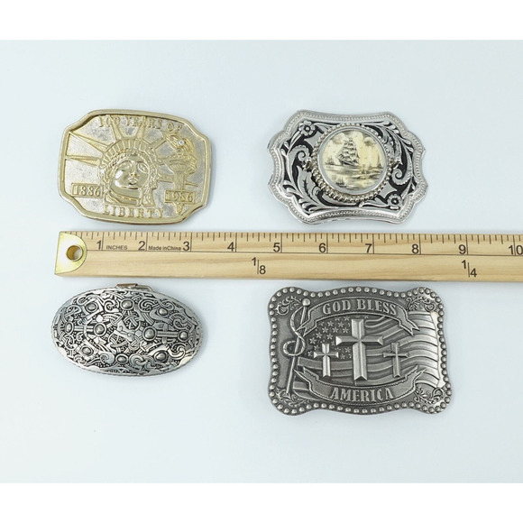 VTG 4 Belt Buckle St Justin Celtic Liberty Statue Sailing Ship God Bless America - Picture 15 of 16